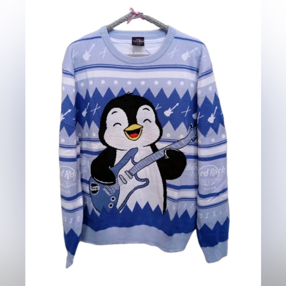 New Hard Rock Casino Tulsa Christmas Sweater Penguin Guitar 3X